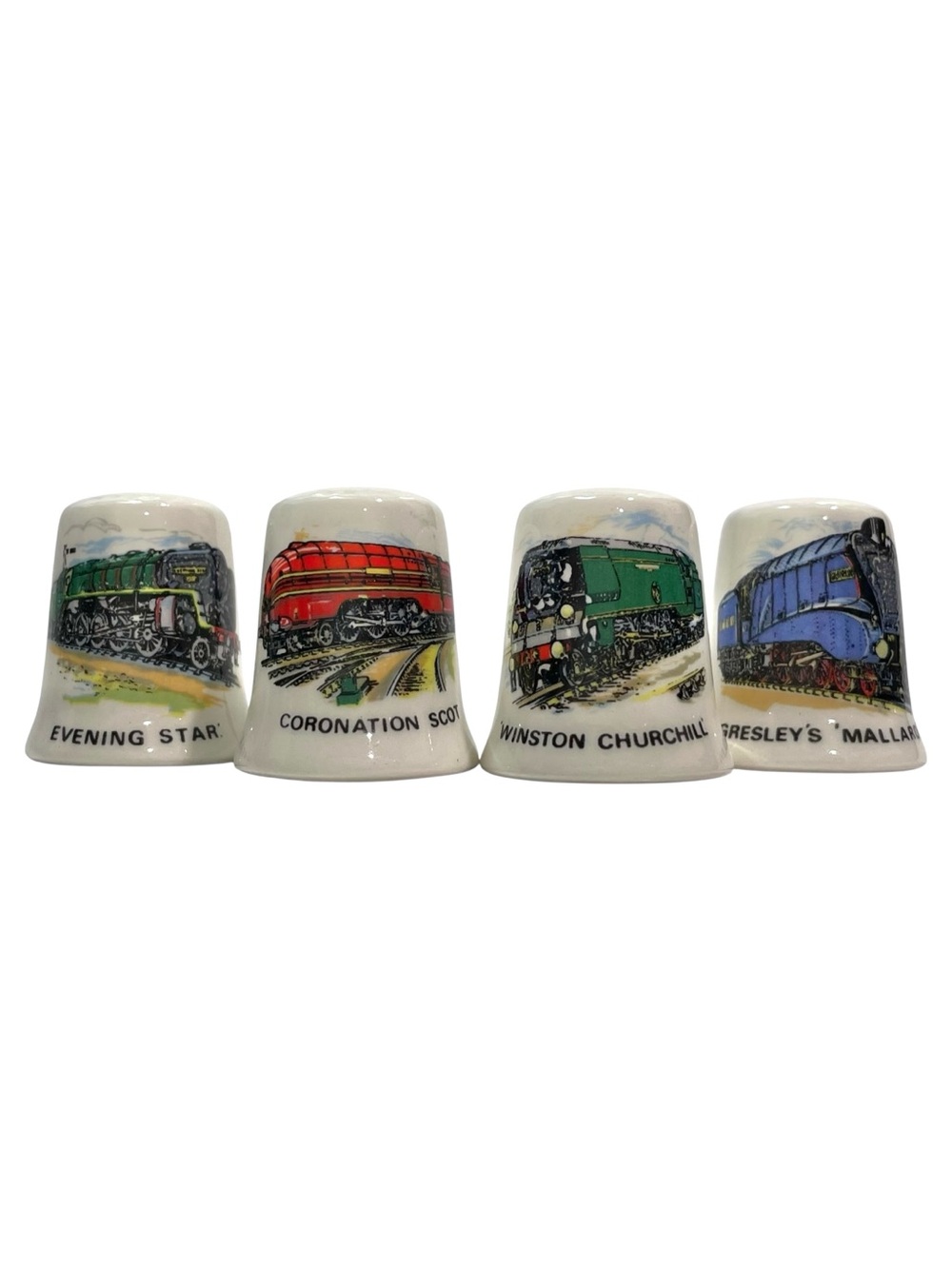 Vintage 1960s Steam Engine Locomotive Train Porcelain Thimbles Set of 4 England